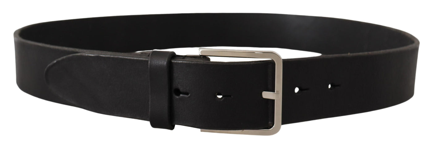 Black Calf Leather Wide Silver Metal Buckle Belt