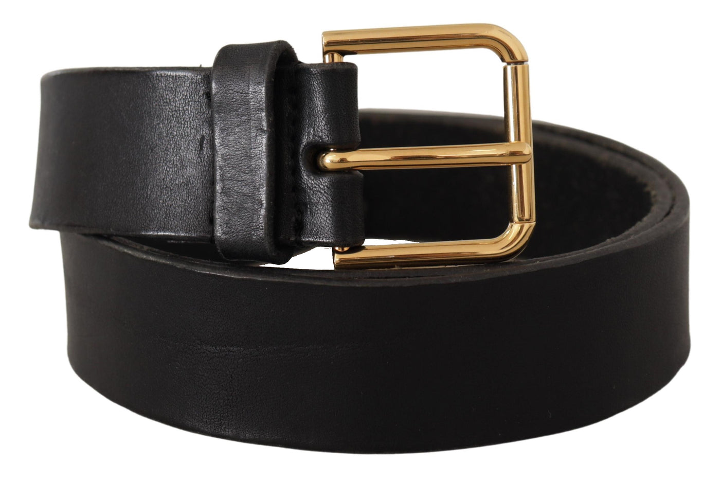 Black Leather Gold Tone Logo Metal Buckle Belt