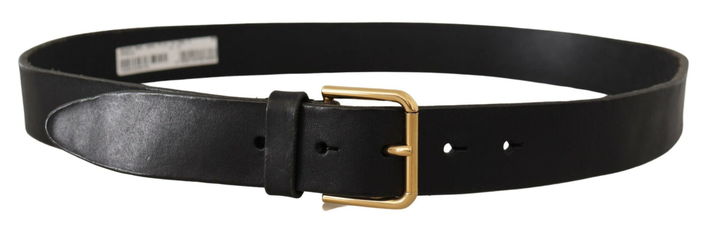 Black Leather Gold Tone Logo Metal Buckle Belt