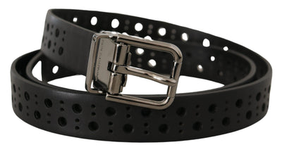 Black Calf Leather Perforated Metal Buckle Belt