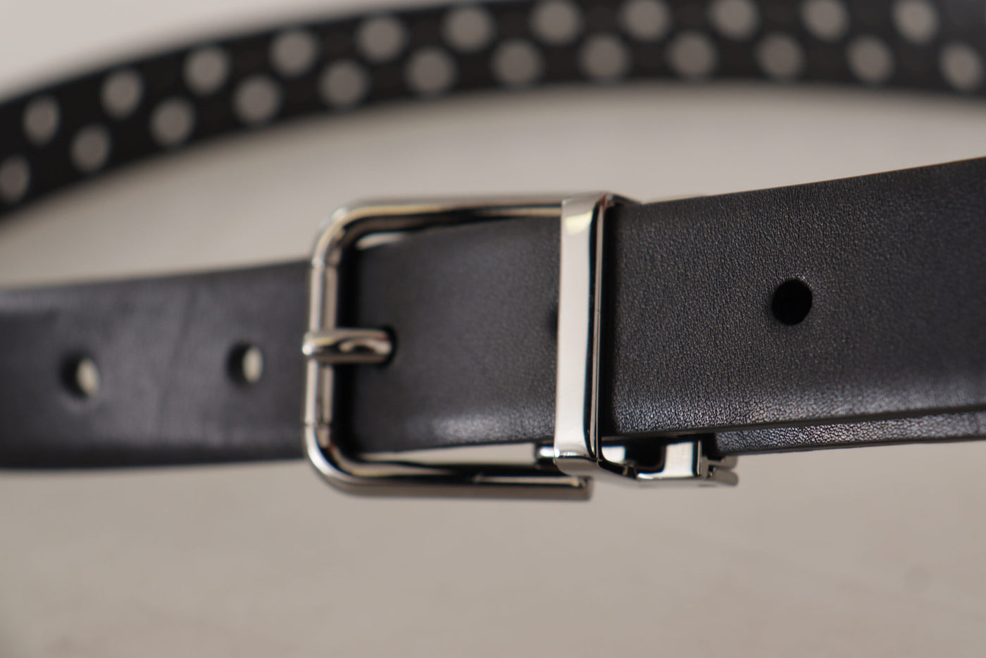 Black Calf Leather Perforated Metal Buckle Belt