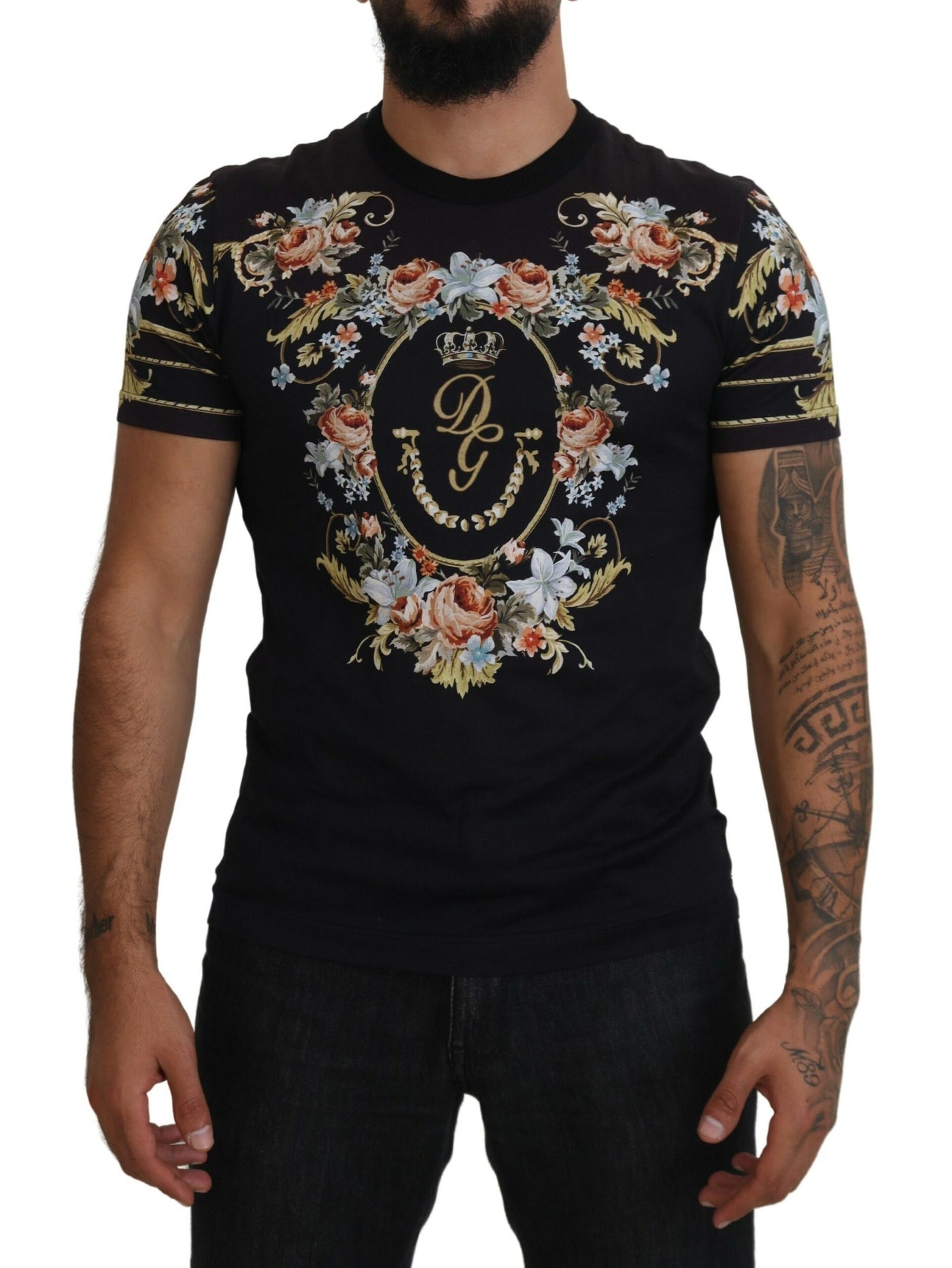 Black Cotton Floral Short Sleeves T-shirt