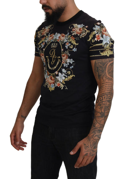 Black Cotton Floral Short Sleeves T-shirt