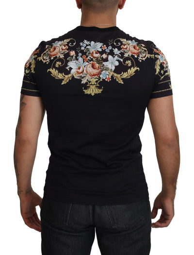 Black Cotton Floral Short Sleeves T-shirt