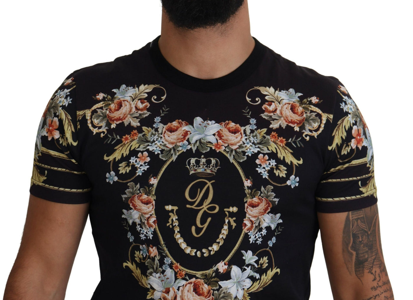 Black Cotton Floral Short Sleeves T-shirt