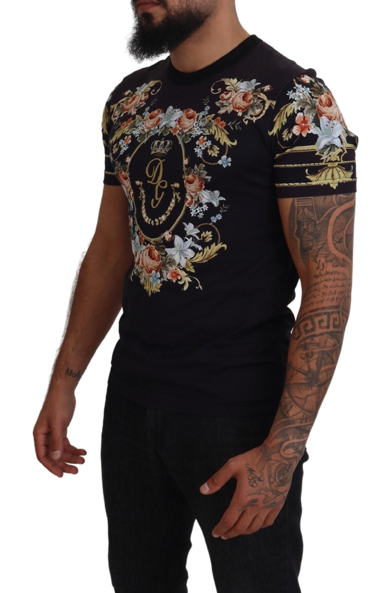 Black Cotton Floral Short Sleeves T-shirt