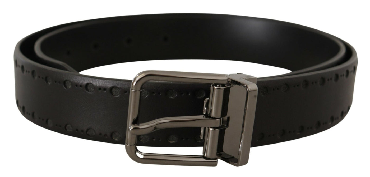 Black Leather Perforated Logo Metal Buckle Belt