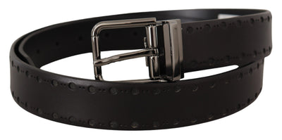 Black Leather Perforated Logo Metal Buckle Belt