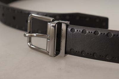 Black Leather Perforated Logo Metal Buckle Belt