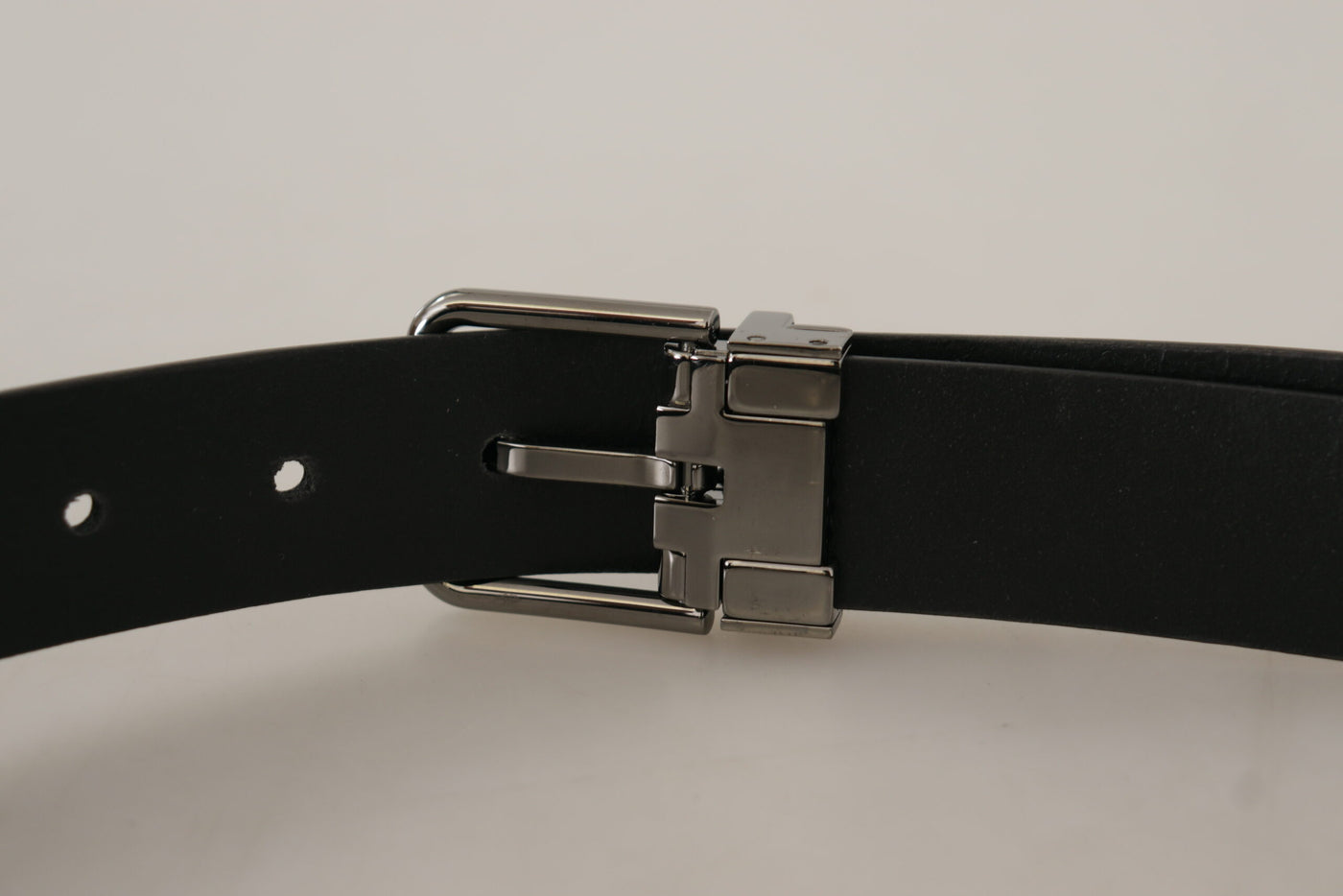 Black Leather Perforated Logo Metal Buckle Belt