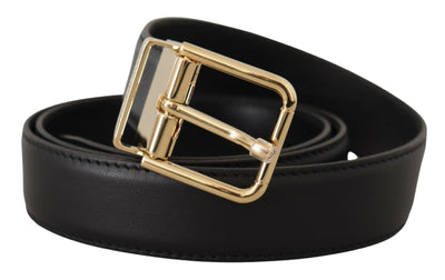 Black Classic Leather Gold Metal Logo Buckle Belt