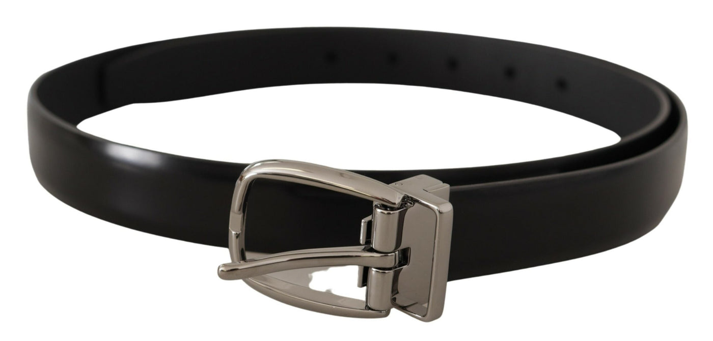 Black Calf Leather Chrome Metal Logo Buckle Belt