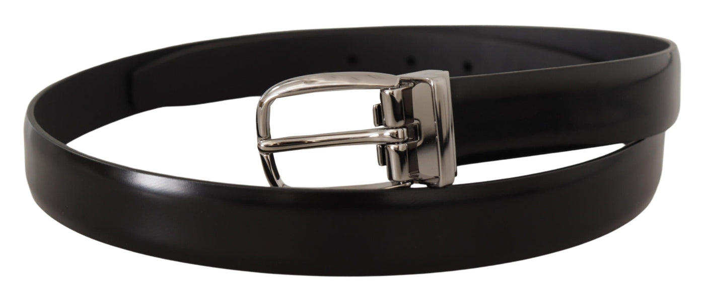 Black Calf Leather Chrome Metal Logo Buckle Belt