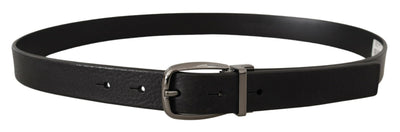 Black Calf Leather Chrome Metal Logo Buckle Belt