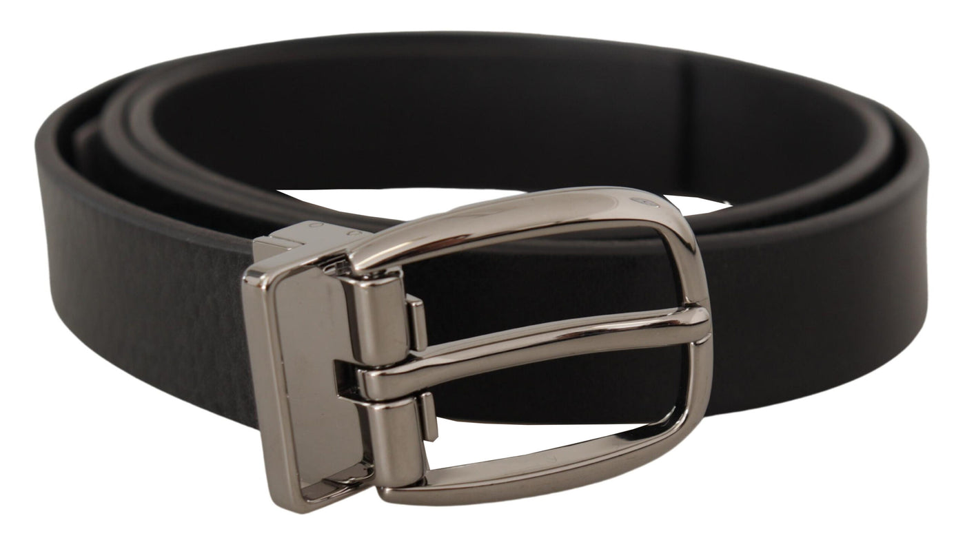 Black Leather Silver Tone Chrome Metal Buckle Belt