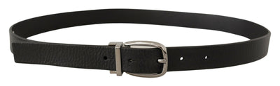 Black Leather Silver Tone Chrome Metal Buckle Belt