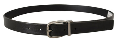 Black Leather Silver Chrome Metal Logo Buckle Belt