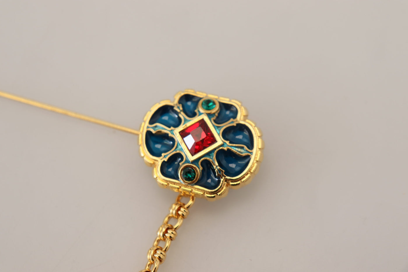 Gold Tone Brass Crystal Enamel Chain Pin Brooch