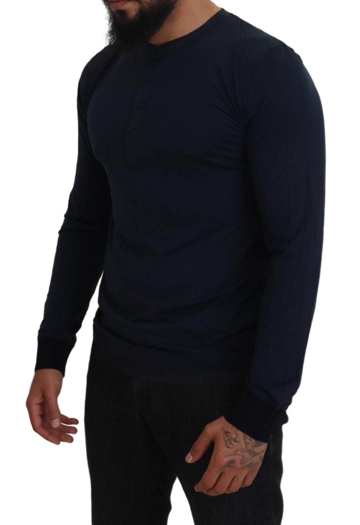 Blue Cotton Button Crewneck Pullover Sweater