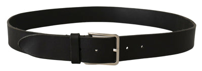 Black Leather Wide Metal Logo Engraved Buckle Belt