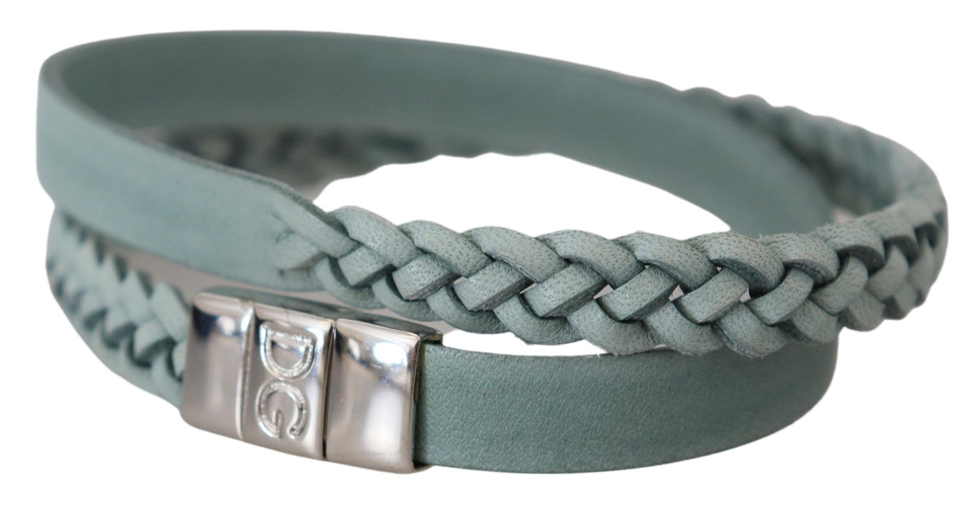 Light Blue Braided Wrap Around Leather Brass Bracelet