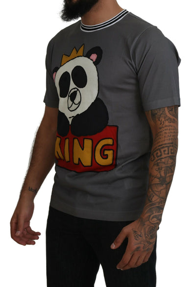 Gray Cotton Panda King Print Men T-shirt