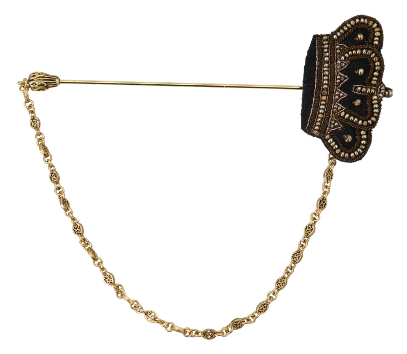 Gold Tone Brass Crown Studded Chain Pin Brooch