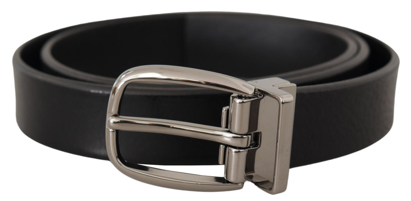 Black Classic Calf Leather Metal Logo Belt