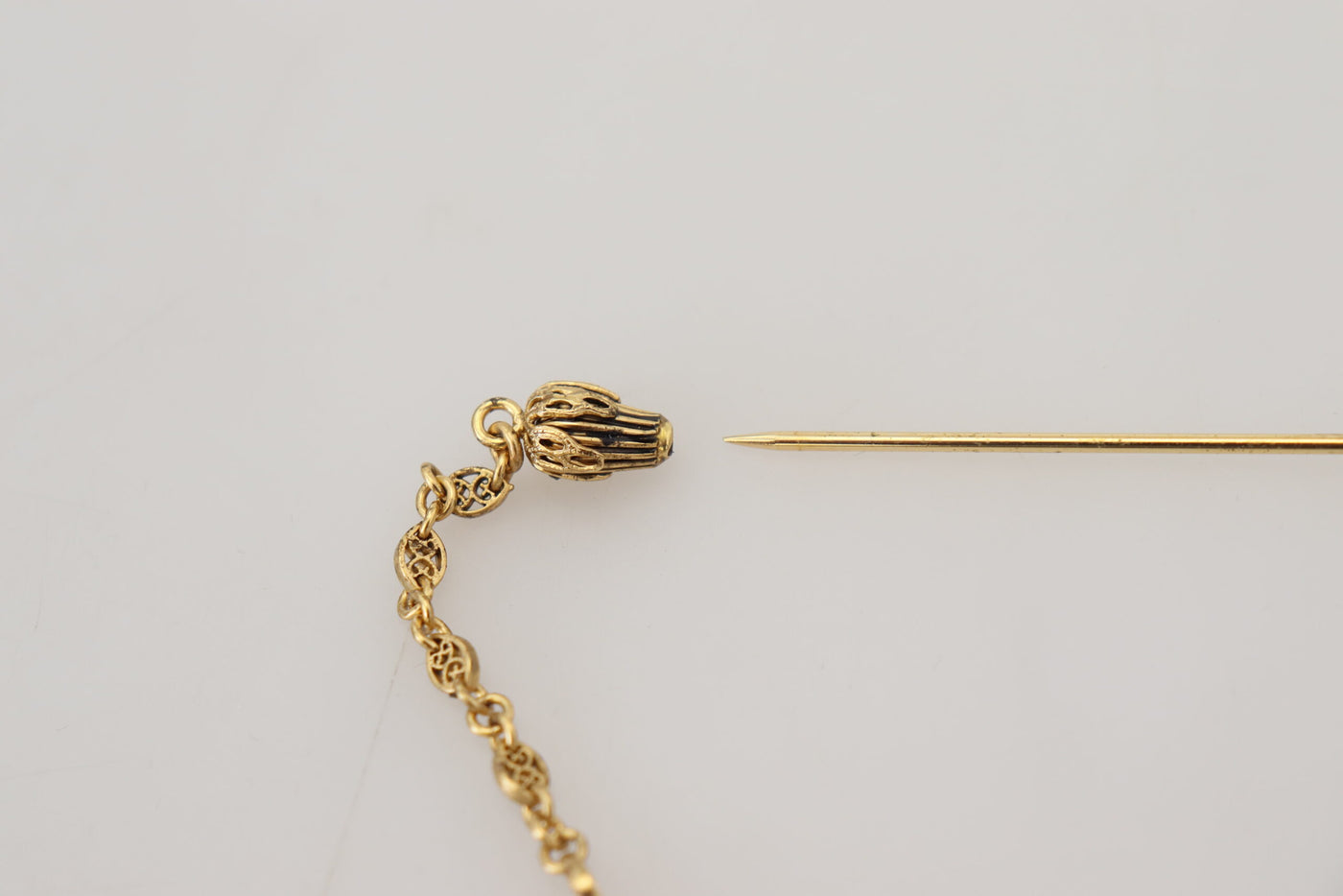 Gold Tone Brass Crown Studded Chain Pin Brooch