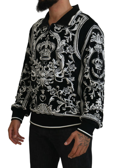 Black Print Cotton Collared Pullover Sweater