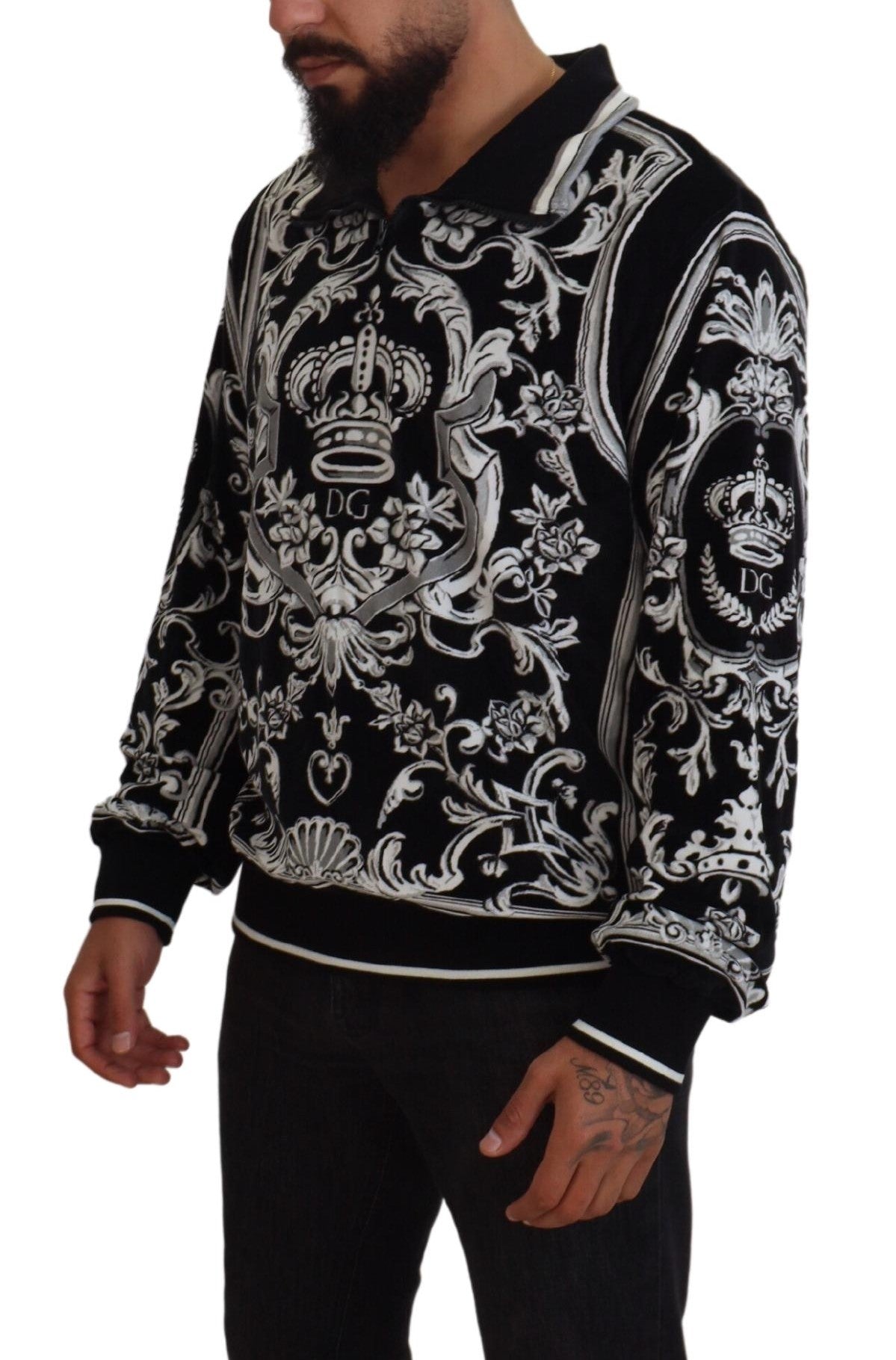 Black Print Cotton Collared Pullover Sweater