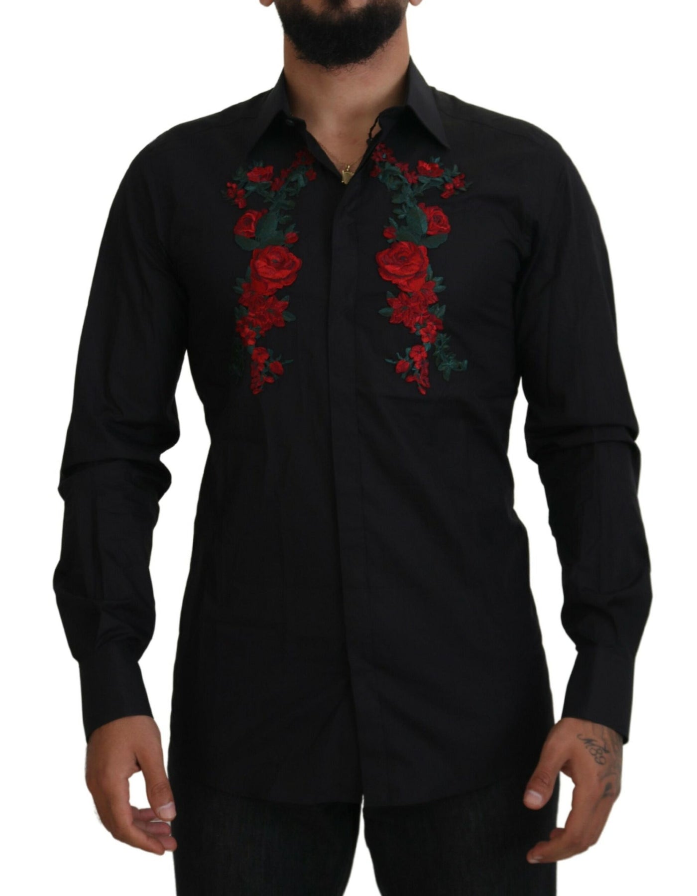 Black Floral Embroidery Men Long Sleeves GOLD Shirt