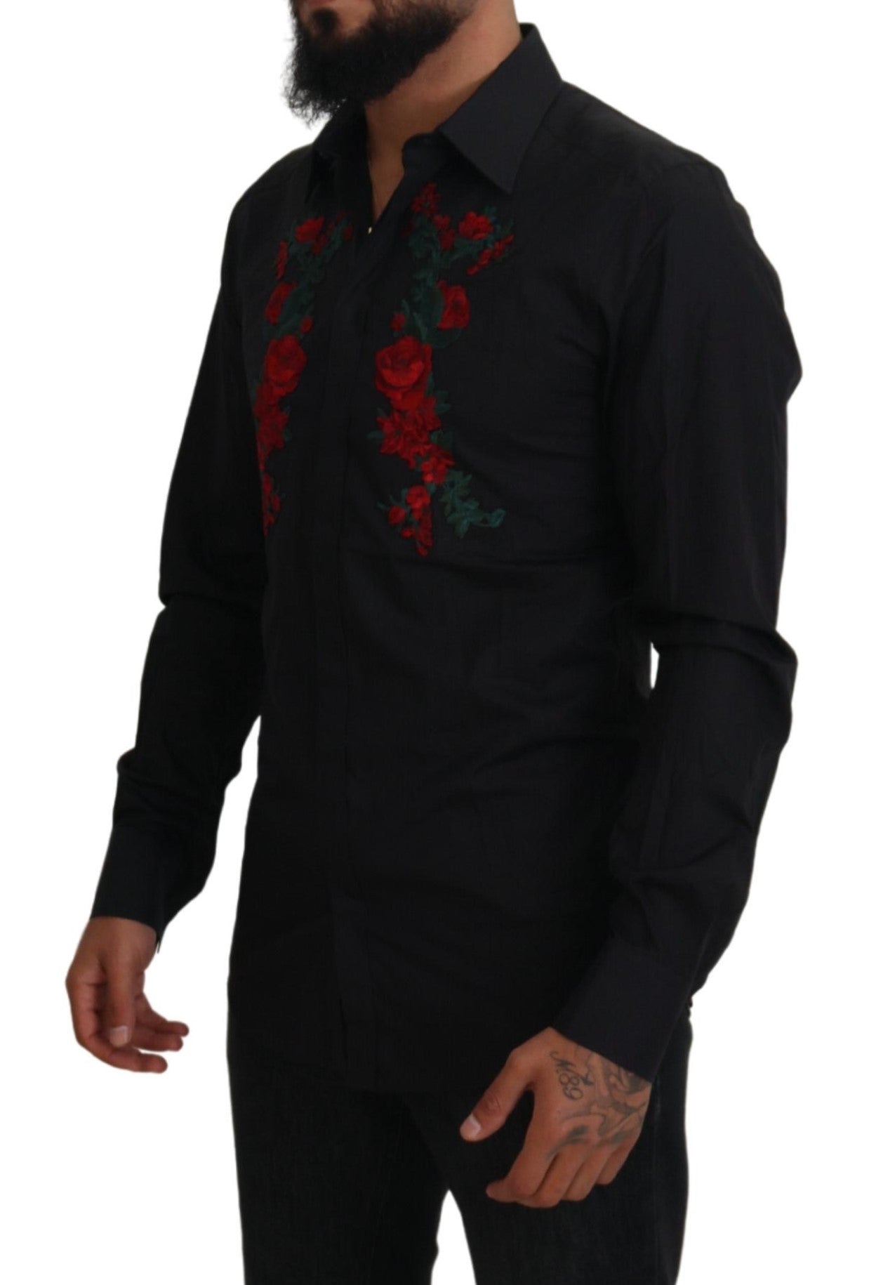 Black Floral Embroidery Men Long Sleeves GOLD Shirt