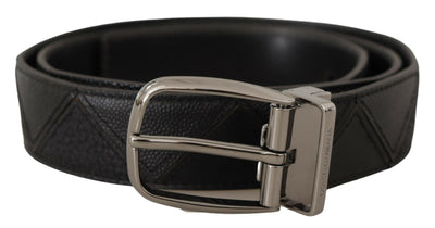 Black Patterned Leather Logo Metal Buckle Belt