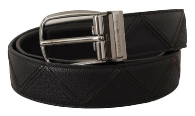 Black Patterned Leather Logo Metal Buckle Belt