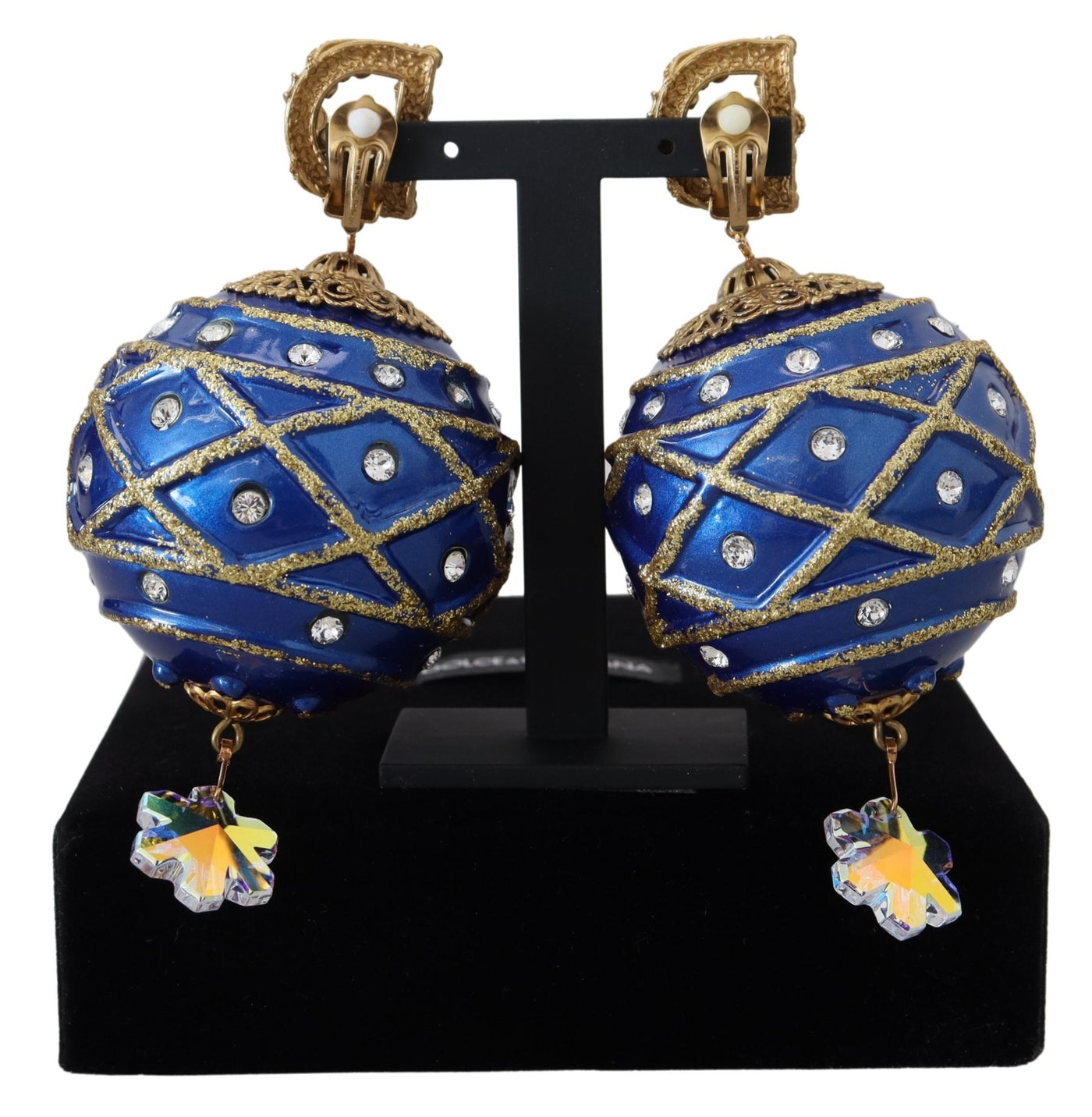 Gold Brass Blue Dangle Ball Crystal Clip On Earrings