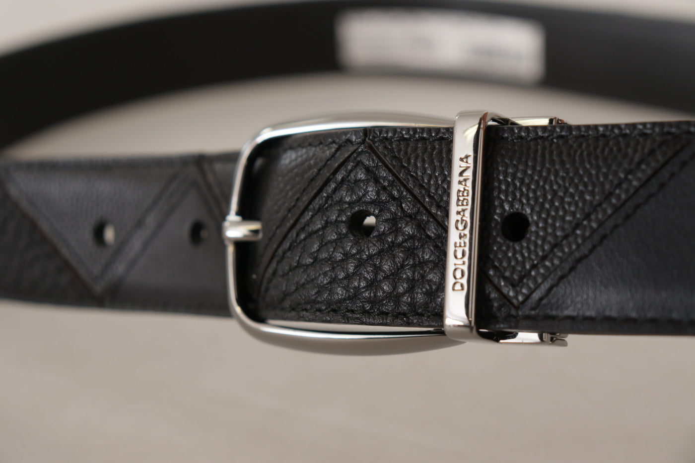 Black Patterned Leather Logo Metal Buckle Belt