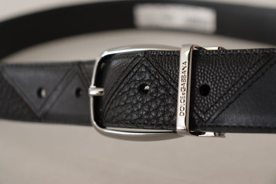 Black Patterned Leather Logo Metal Buckle Belt