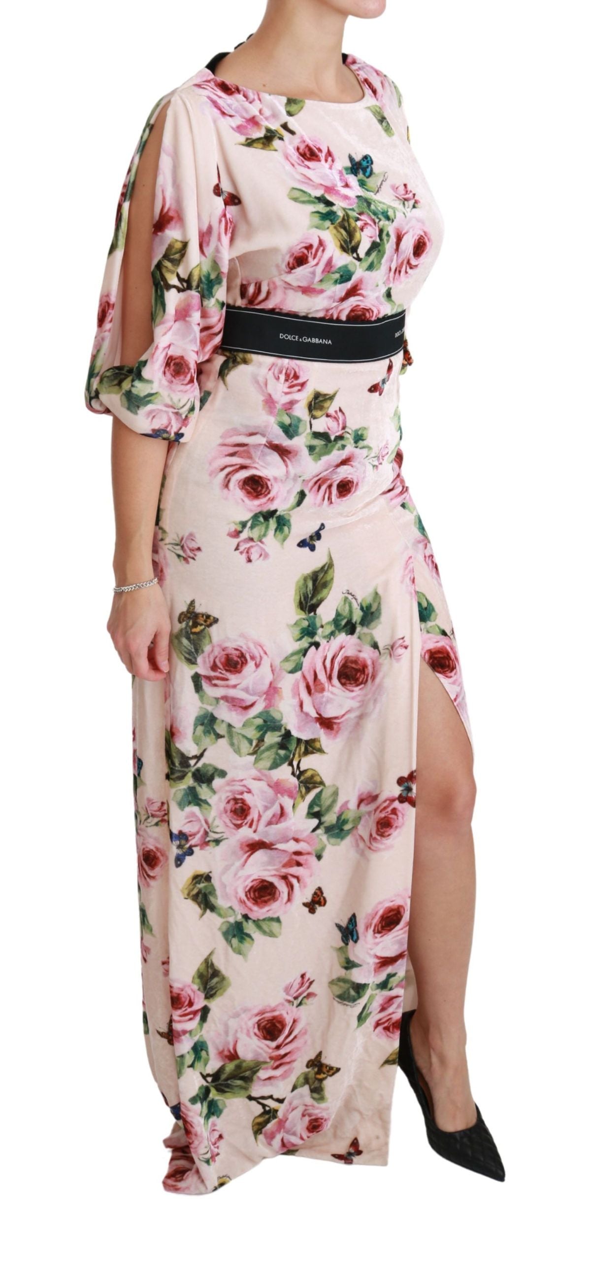 Pink Roses Butterfly DG Logo Slit Dress