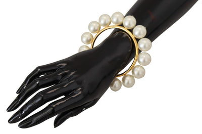 White Faux Pearl Embellished Gold Brass Bracelet