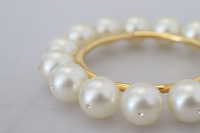 White Faux Pearl Embellished Gold Brass Bracelet