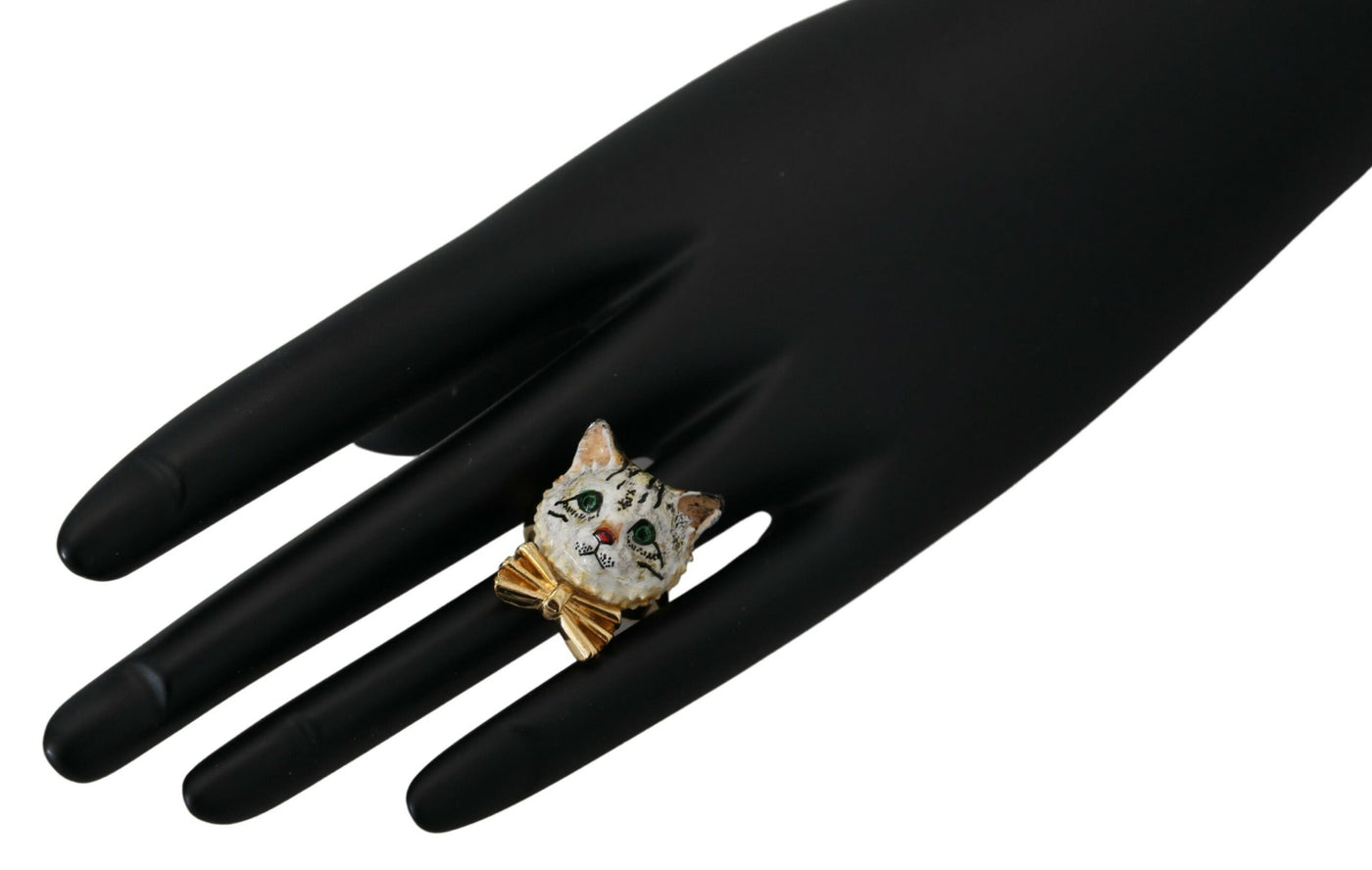 Gold Brass Resin White Cat Accessory Ring