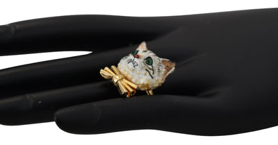 Gold Brass Resin White Cat Accessory Ring