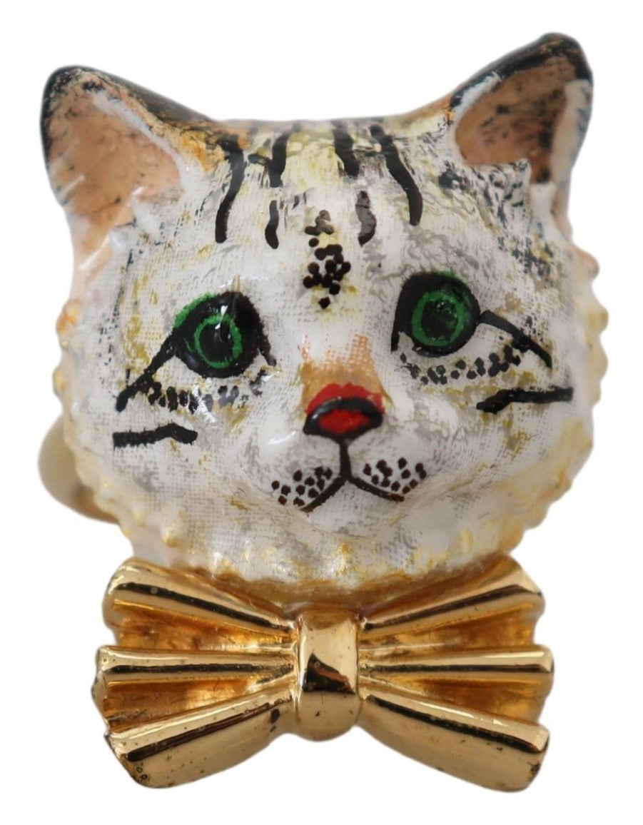 Gold Brass Resin White Cat Accessory Ring