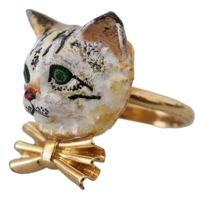 Gold Brass Resin White Cat Accessory Ring