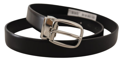 Black Solid Leather Silver Tone Metal Buckle Belt