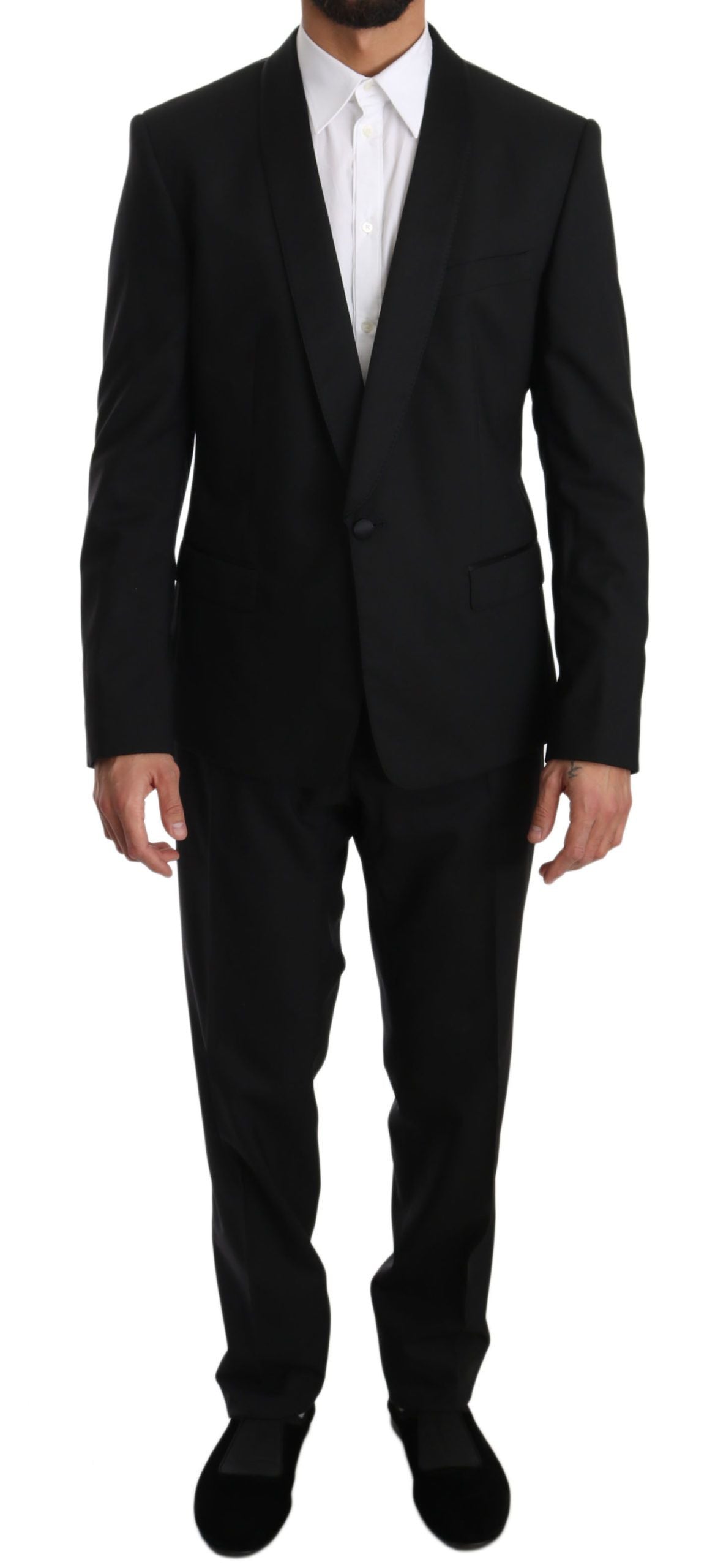 Black Wool One Button Slim Martini Suit