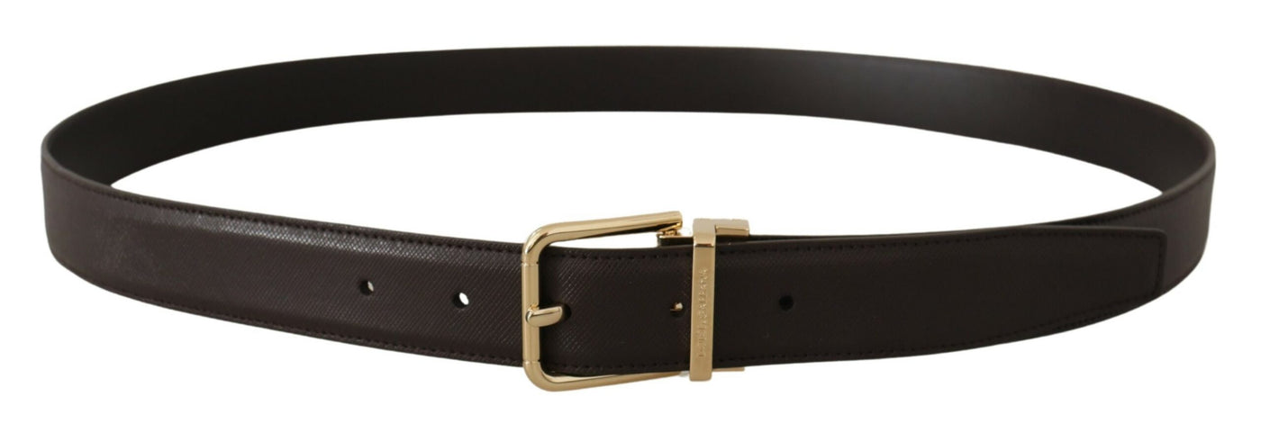 Brown Calf Leather Gold Logo Metal Buckle Belt