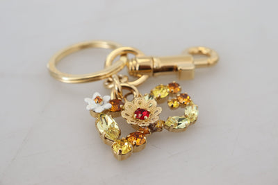 Gold Tone Brass Logo Crystals Keychain Accessory Keyring