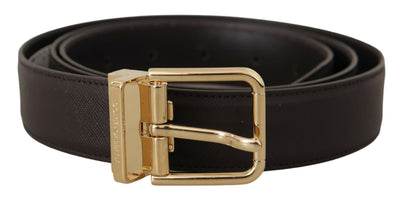 Brown Calf Leather Gold Logo Metal Buckle Belt